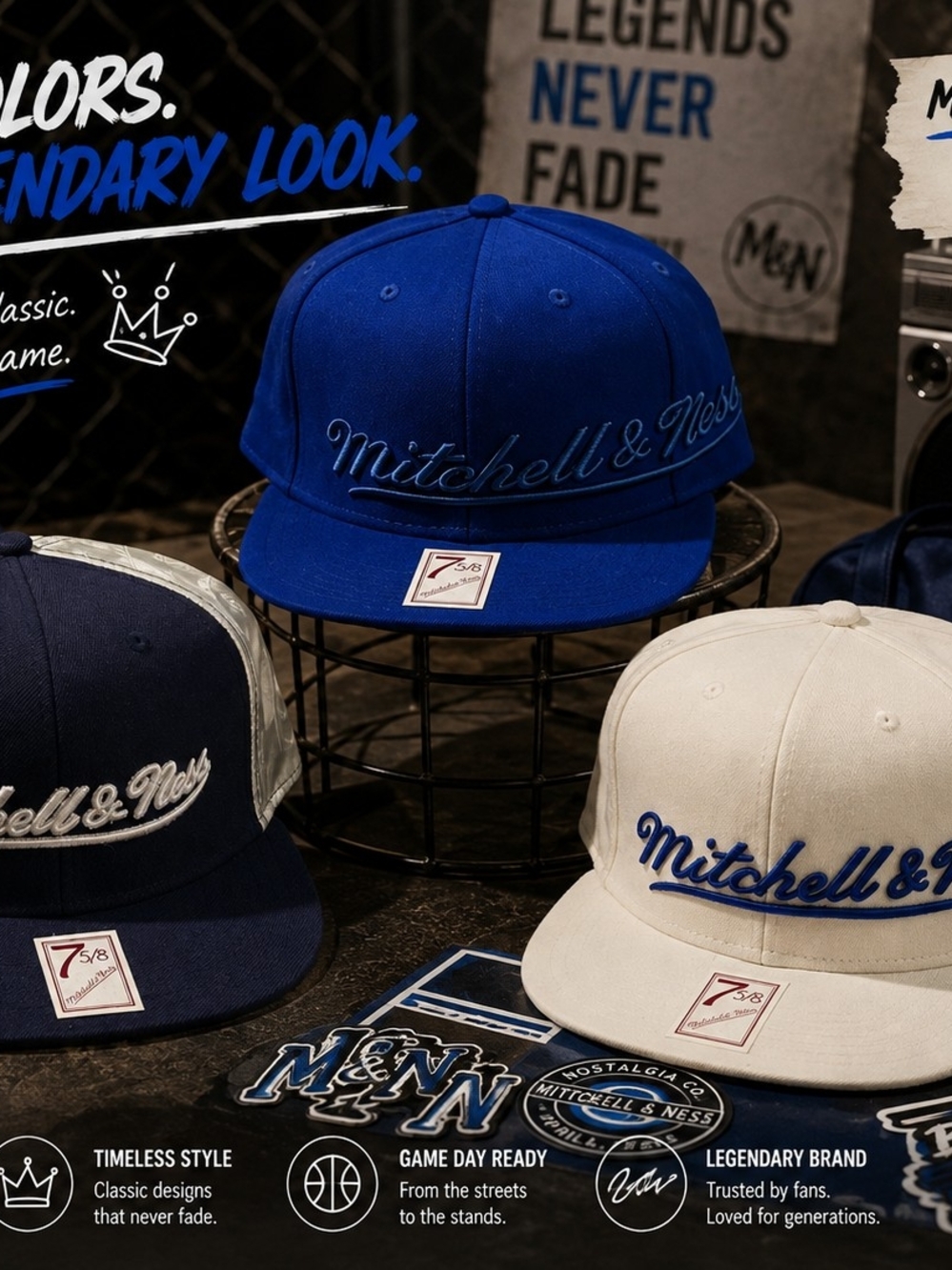 Mitchell & Ness Fitted Hat Lot 3 Mens 7 5/8 Script Wool Baseball Caps NWT